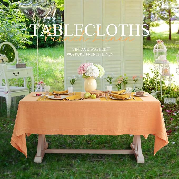 Linen World Vintage Tablecloths 60x108 Inch,100% French Linen Tablecloth,Classic Vintage Washed Table Cloths for Kitchen,Outdoor,Weddings,Decorative Thanksgiving Christmas,Pale Peach
