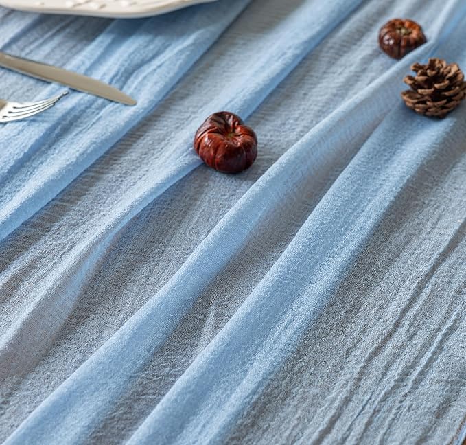 Keketoarrange 3pcs Light Blue Gauze Rustic Cheesecloth Table Runner 120 Inch 10 FT for Wedding Baby Shower Bridal Shower Birthday Engagement Garden Outdoor Party Long Sheer Boho Decorations