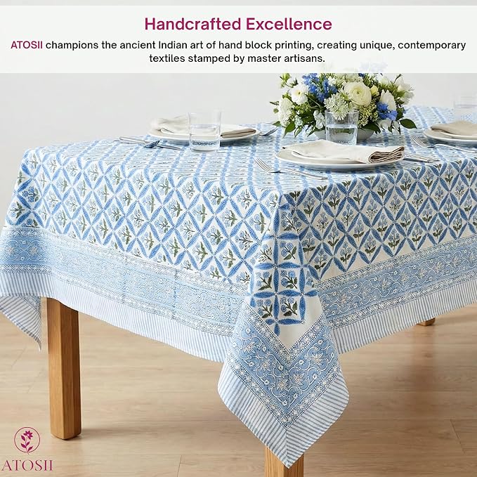 ATOSII Netta Blue 100% Cotton Rectangle Summer Tablecloth, Handblock Floral Print Linen Table Cloth for Kitchen Dining I Parties, Weddings, Outdoors, Decor 60 X 108 Inches, 8 Seater