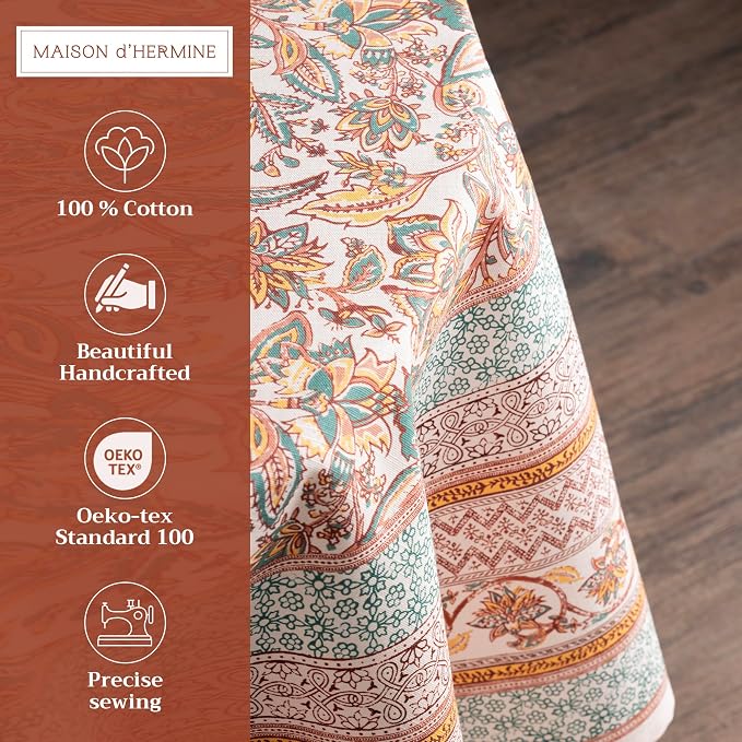 Maison d' Hermine Table Cloth Round Table 100% Cotton 63 Inches Fall Tablecloth Reusable Everyday Use for Thanksgiving Christmas Decorations Dining Farmhouse Party (Nila)