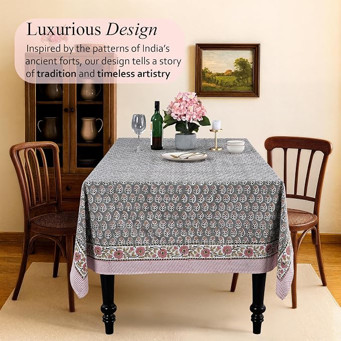 CPC Tablecloth 100% Cotton 70x118 Inch Indian Block Print Rectangle Table Cover, Table Cloth for Weddings, Spring/Summer, Barbeque - Labra Gray
