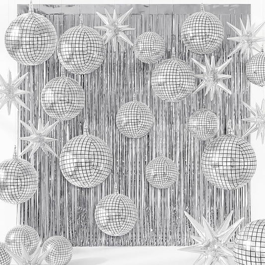 Seenelling 24 Pcs Silver Disco Party Decoration Sets 22'' 4D Disco Ball Star Balloons Shiny Metallic Tinsel Foil Fringe Curtains for Graduation Western Cowgirl Bride to Be Bachelorette Birthday