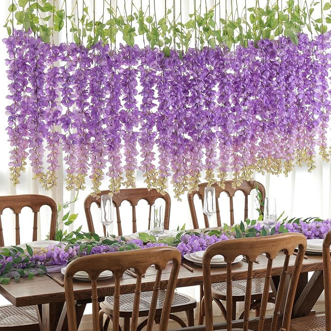mizii 6Pcs Purple Wisteria Hanging Flowers 48" Silk Wisteria Artificial Flowers Garland Vines Fake Hanging Flowers Decoration for Wedding Flower Wall Backdrop Centerpieces Party Room Decor (Purple)