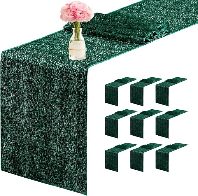10 Packs 12 x 72 inches Sequin Table Runner, Hunter Green Glitter Table Runner for Birthday Party Supplies Wedding Engagement Baby Shower Holiday Celebration Event Decorations