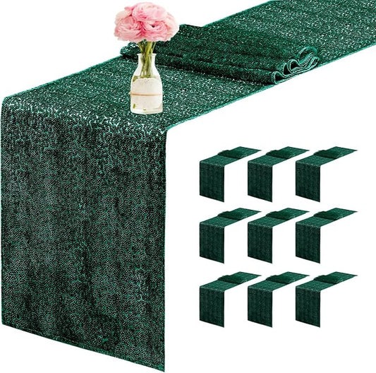 10 Packs 12 x 72 inches Sequin Table Runner, Hunter Green Glitter Table Runner for Birthday Party Supplies Wedding Engagement Baby Shower Holiday Celebration Event Decorations