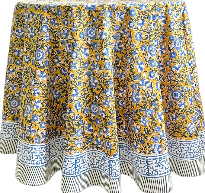 ATOSII Marigold Blue100% Cotton Round Tablecloth, Block Print Floral Table Cloth for Dining, Parties, Weddings, Outdoors, Holidays I 60 Inches I Grandmillennial Farmhouse Spring Summer Boho