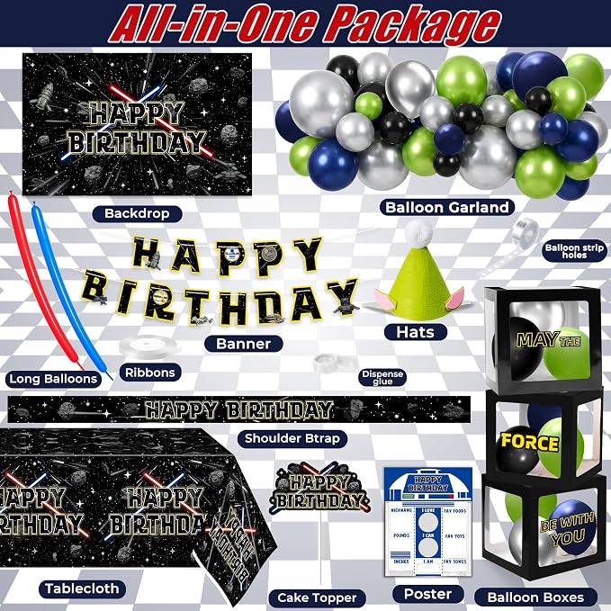 Galaxy Star Birthday Decorations Set - Space Themed Party Supplies | With Arch Balloon, Long Balloons, Backdrop, Tablecloth, Birthday Hat, Cake Topper, Banner, Sash, Poster, Balloon Boxes, Cards