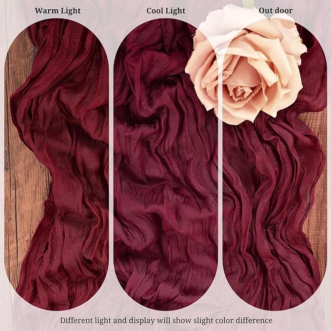 10 Pack Burgundy Cheesecloth Table Runner 17x108 Inch Semi Sheer Boho Gauze Cheese Cloth Table Runners, for Wedding Bridal Shower Birthday Party Home Decor Garden Farmhouse