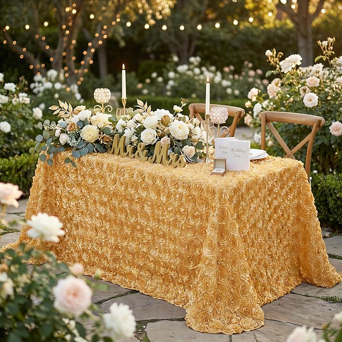 Fanqisi Gold Rosettes Tablecloth 50x80 Inches Gold Satin Table Cover for Party Wedding Baby Shower Event Table Decoration