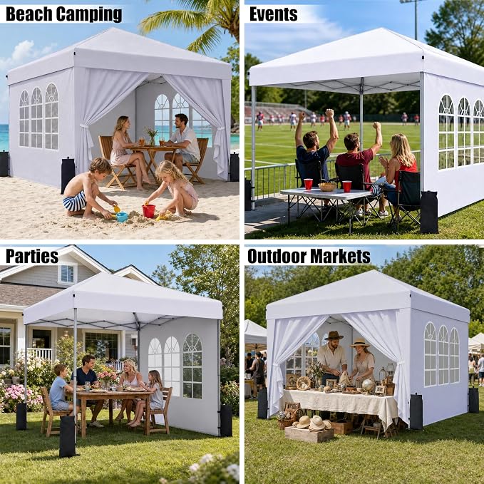 SANWAY 10x10 Pop Up Canopy with Sidewalls, Easy Setup Instant Canopy Tent, Portable with Carry Bag for Outdoor Events, Camping, and Backyard Parties – White