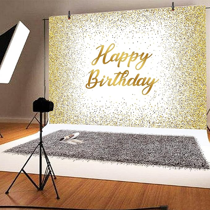 12x10 FT Glitter Happy Birthday Backdrops Banner Polyester White and Gold Spots Large Happy Birthday Background Sign for Women Men Decorations Photo Booth Props Supplies Banner