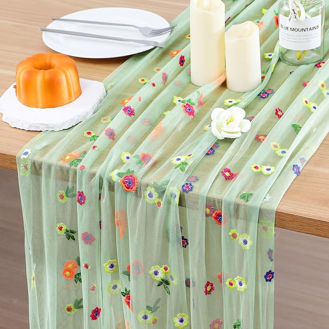 BINBE 3pcs Daisy Spring Table Runner Embroidery Gauze 10FT Florals Seasonal Tulle Holiday Birthday Kitchen Dining Table Decor for Home Party Sage Green