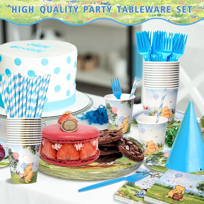 156 Pcs Winnie Bear Baby Shower Plates and Napkins Tableware Set, Plates Napkins Cups Straws and Forks Sets, Winnie Baby Shower Decorations Birthday Party Supplies, Serves 26 Guests