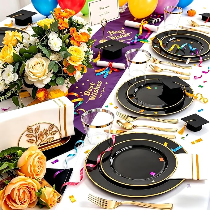 SUT 175 Piece Black and Glod Plastic Dinnerware Set for 25 Guests, Disposable Plastic Plates, Include: 25 Dinner Plates, 25 Dessert Plates, 25 Pre Rolled Napkins with Silver Silverware, 25 Cups