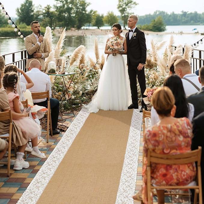 moonoom 20 Ft x 36 in Natural Burlap Wedding Aisle Runner, Rustic Jute Weddings Runway Carpet with Lace, Ceremony Burlap Carpet Roll for Beach Garden Church Reception Craft Decor