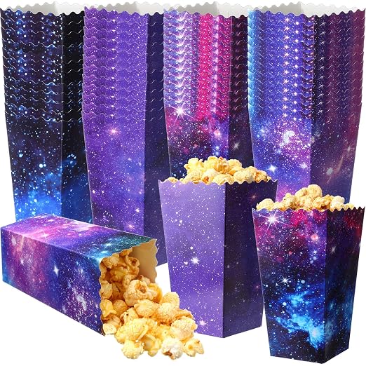 Honoson 48 Pcs Galaxy Popcorn Boxes 6 x 2.4 Inches Outer Space Popcorn Bucket Disposable Paper Food Trays Container Galaxy Space Birthday Decorations for Movie Night Baby Shower Party Supplies