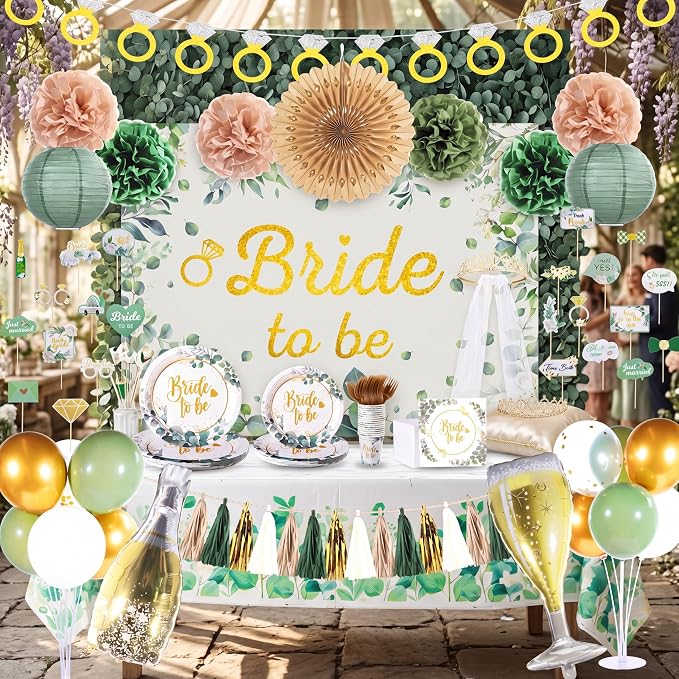 265 Pcs Sage Green Bridal Shower Decorations Eucalyptus Bachelorette Party Decoration Bride to Be Disposable Dinnerware Set with Tablecloth Veil Tablecloth Photo Booth Props, Serve 25 Guest