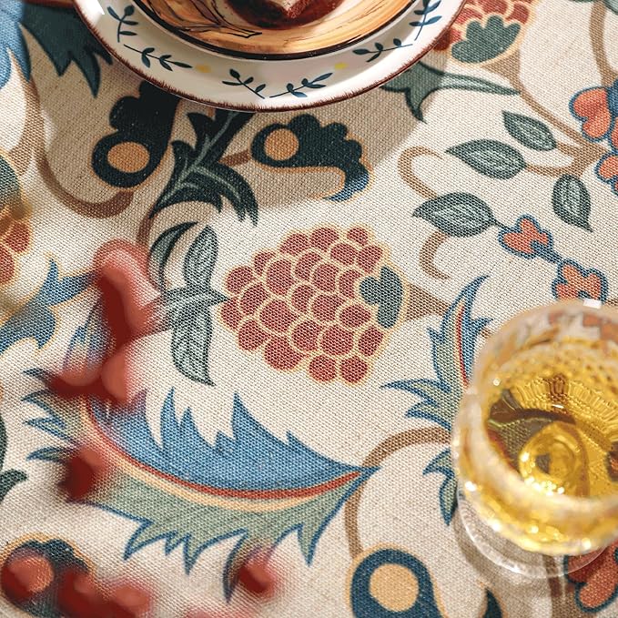 patdrea Elegant French Linen Tablecloth,Rectangular,87"x55"-Puno | Luxurious Table Cloth for Rectangle Table,Vintage Colorful Floral Design,Dining Room Kitchen Tea Party Decorations