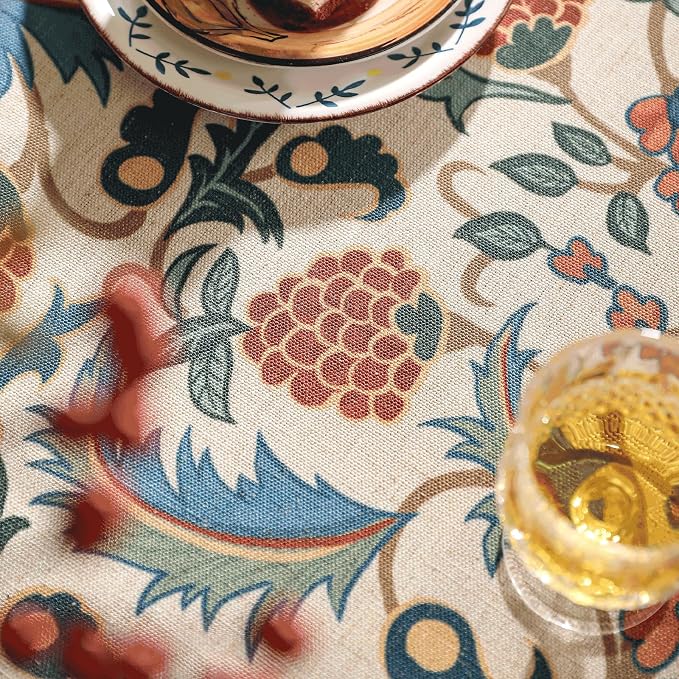 patdrea Elegant French Linen Tablecloth,Rectangular,102"x63"-Puno | Luxurious Large Table Cloth for Rectangle Table,Vintage Colorful Floral Design,Dining Room Kitchen Tea Party Decorations