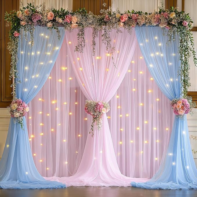 10x10ft Baby Pink Blue Tulle Backdrop Curtain with Lights String for Parites, Sheer Photo Backdrop Drapes with Lights for Wedding Backdrop Ceremony Reception Bridal Shower Baby Shower Birthday Party