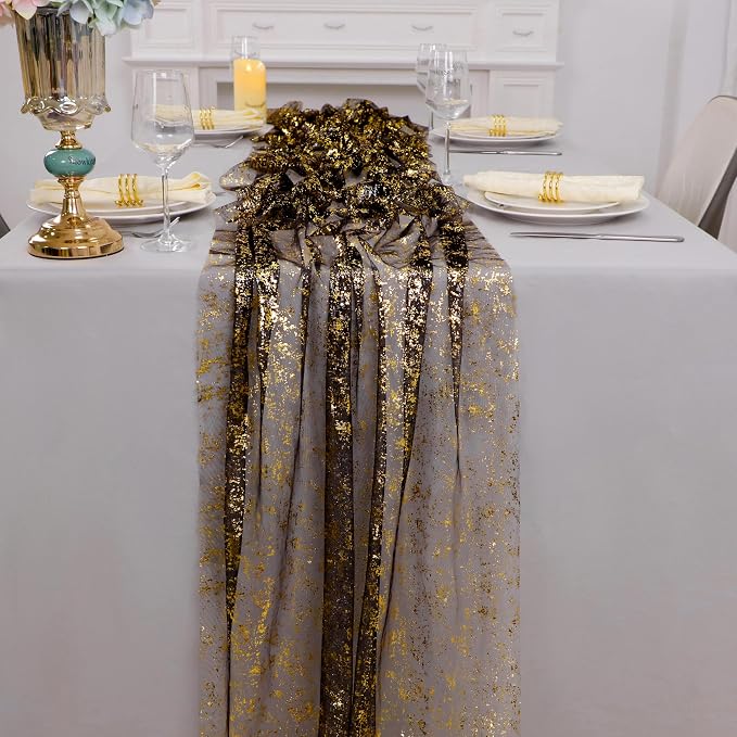 Snowkingdom Black and Gold Cheesecloth Table Runner 10 FT, Sheer Chiffon Sparkle Gauze Mesh Runners 120 Inch, Glitter Table Centerpieces Decoration for Birthday Party Wedding Christmas Halloween