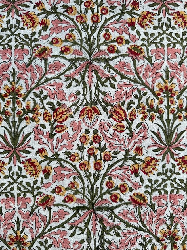 Ridhi Round Tablecloth Hand Block Print 100% Cotton Reusable Sassy Salmon and Emerald Green 132 Inch Table Cover Decorative Everyday Use for Dining, Home, Farmhouse Gift for Spring, Mother's Day