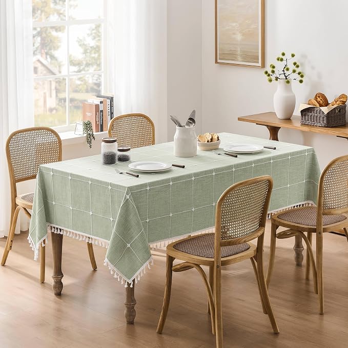 ZeeMart Boho Grid Table Cloth with Tassels (Sage Green, 52" x 52"), Heavy Weight Linen Checked Embroidered Farmhouse Tablecloth, Water Resistant Square Green Tablecloths