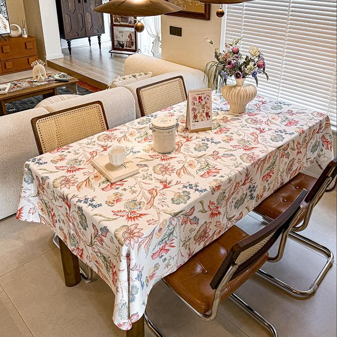 Rectangle Tablecloth, Linen Textured Wrinkle Free Waterproof Table Cloth, Flowers and Birds Fabric Table Cover for Outdoor, Farmhouse, Dining, Kitchen - Spring/Summer, 60 x 120 Inch