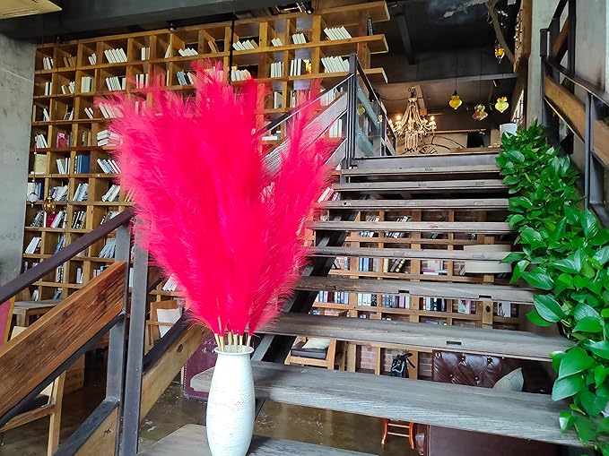 Premium Faux Red Pampas Grass – 43.3" Tall Fluffy Vibrant Decor, 8pcs 18-Branch One-Piece Stems No Assembly, Luxury Silk-Feel Feather Flowers for Valentine's Day Christmas Wedding Home Decor