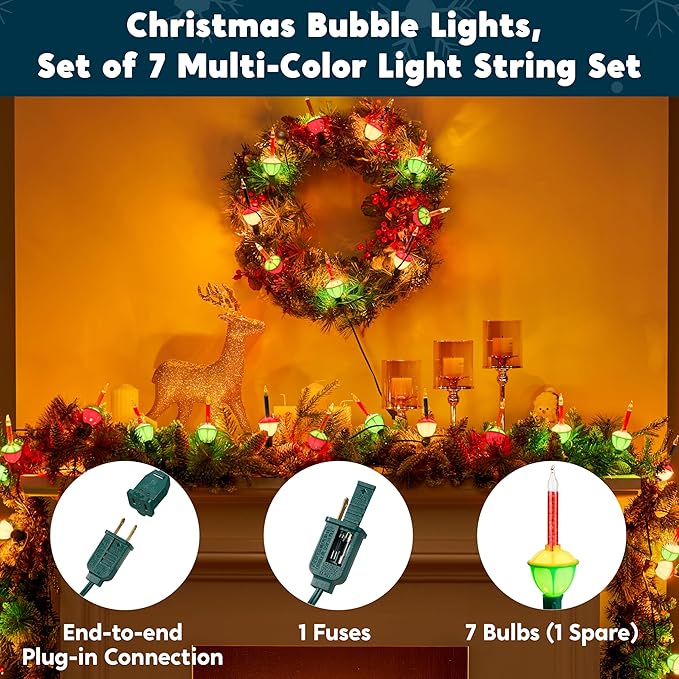 Joiedomi Christmas Bubble String Light - Traditional Bubbles Lights Set 7 Bulbs with 1 Spare Replacement, Old Fashion Vintage Christmas Tree Lighting Decor Holiday Decorations (Multicolor)