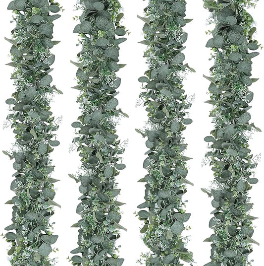 SOMYTING Artificial Eucalyptus Garland, 4Pack Lush Silver Dollar Eucalyptus Leaves Vine Faux Greenery Garland Spring Garland for Mantel Baby Shower Wedding Party Table Room Home Decor (4PCS)