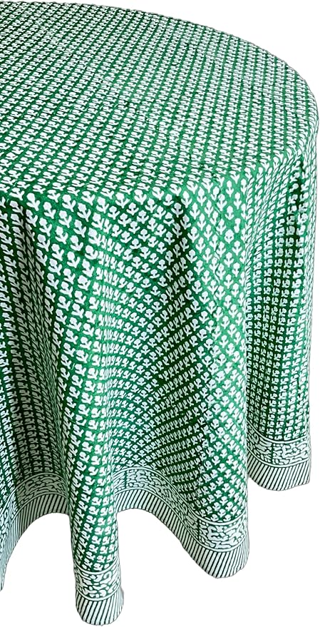 ATOSII Queen Green 100% Cotton Round Tablecloth, Handblock Print Floral Table Cloth for Kitchen Dining Linen I Parties, Weddings, Outdoors, Christmas, Thanksgiving I Fall Home Decor 72" Inches Round