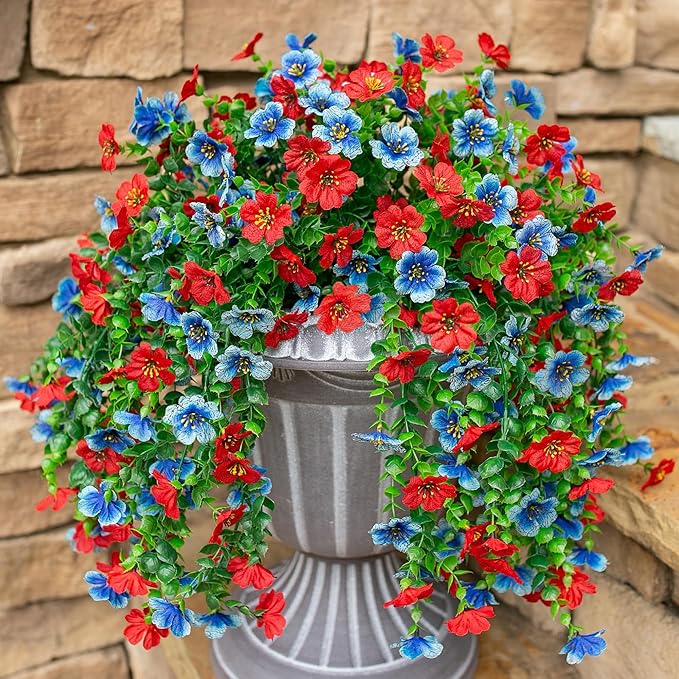 HyeFlora Faux Flowers for Outdoors Decoration, 2Pcs Artificial Fake Hanging Spring Summer Decor, Red and Blue Realistic Plants, UV & Fading Resistant Silk Flower for Porch Patio Balcony Planter Yard