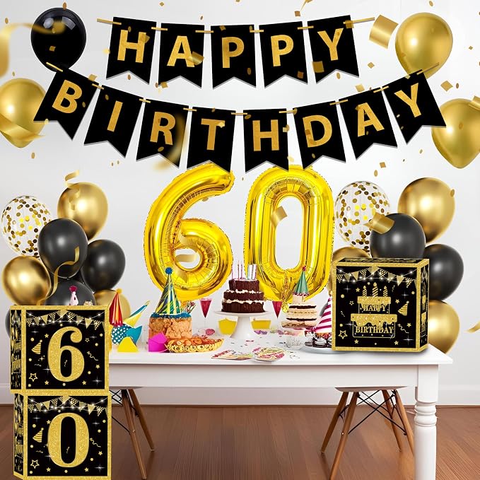 Gold 60th birthday decorations for men,3pcs birthday Decorations for Men boys black and gold Balloon Boxes Birthday Party Favors