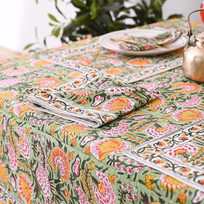 Hand Block Printed Tablecloth, Daisy Sunshine, 6 Seater 60 x 90 Inches Rectangle, Colorful Floral Print, Indian Artisan Handmade Art, Dining Room, Kitchen, Outdoor Décor, Party Decor