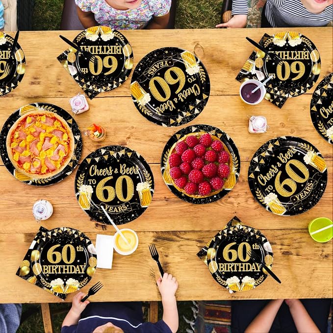 96Pcs Father's Day 60th Birthday Graduation Party Supplies Black Gold Plates and Napkins Tableware Sets Cheers and Beers to 60 Years Decorations for Best Dad Men 60 Years Old Birthday Party Serves 24
