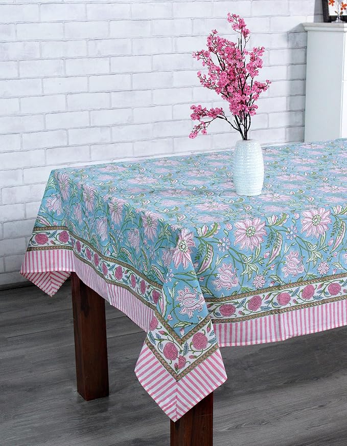 Ridhi Turquoise Blue Hand Block Print Cotton Rectangle Tablecloth 102" x 48" inches Reusable Table Cover Decorative Everyday Use for Dining Room, Farmhouse, Home Gift for Spring, Mother's Day