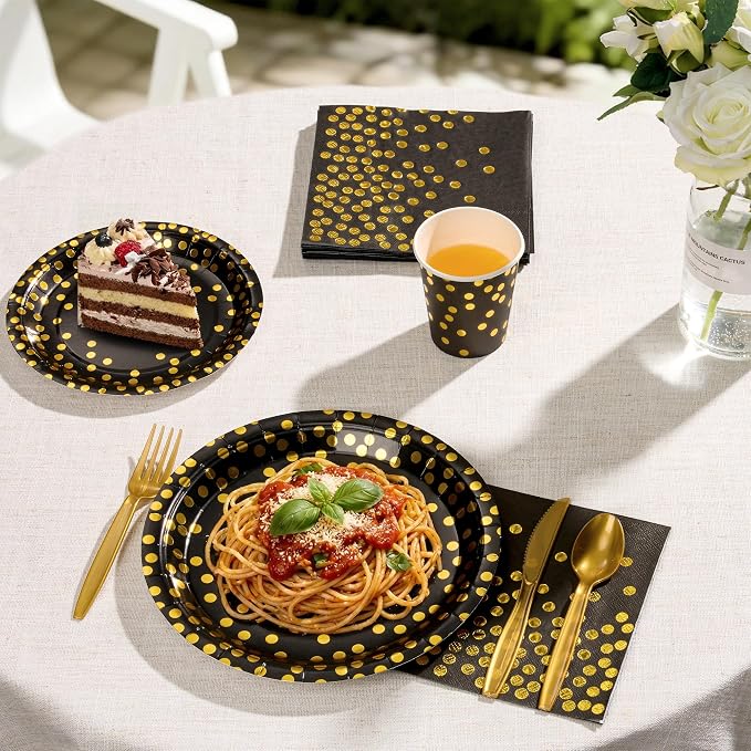 Goodlluck 175PCS Black Gold Foil Polka Dot Disposable Party Tableware Set, 25 Guests | 9" & 7" Golden Dot Disposable Paper Plates, 9oz Cups, Napkins & Gold Cutlery for Birthday, Glam Events