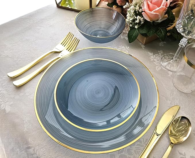 OCCASIONS 50 Plates (25 Guests) Disposable Plastic Plates, Heavy Duty Fancy China-Like Look Dinnerware Set for Wedding Party - 25x10'' Dinner+ 25x7'' Salad & Dessert - BPA Free, Belize in Blue & Gold