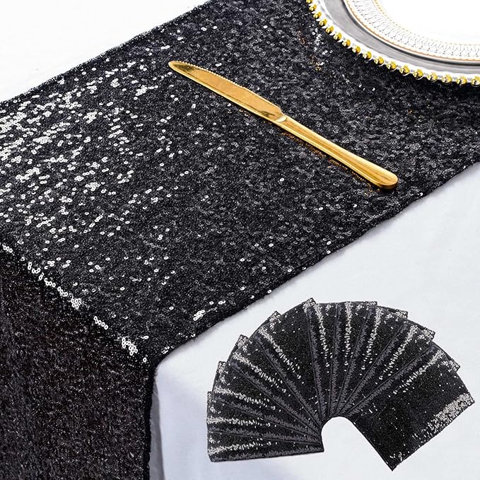 ShinyBeauty Black Table Runners Pack of 10 Home Decor Sequin Table Runner 12x108-Inches Wedding Graduation Party Supplies Baby Shower Birthday Tablecloth Runner for Tables