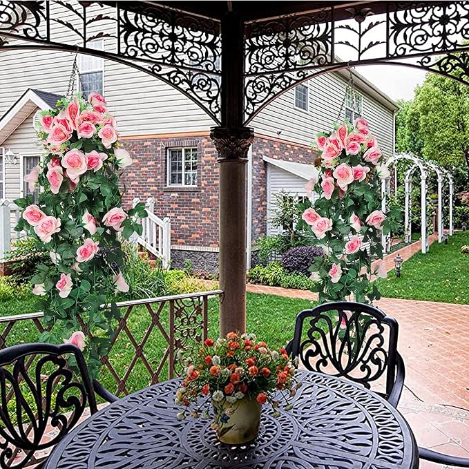 RECUTMS 2PCS Artificial Hanging Rose Flower Plants, 37Inch Light Pink Fake Silk Floral Ivy Garlands for Outdoors Home Room Garden Wedding Arch Bridal Shower Valentine's Mother's Day Indoor Party Decor