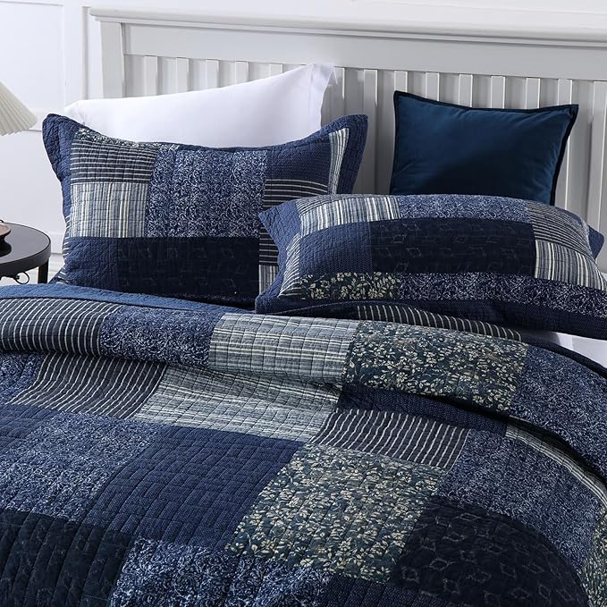 mixinni Navy Blue Quilt Set Queen Size, 100% Cotton Farmhouse Patchwork Plaid Floral Bedding Set, 3-Piece Reversible Lightweight Bedspread Coverlet Set for All Season (88"x92")