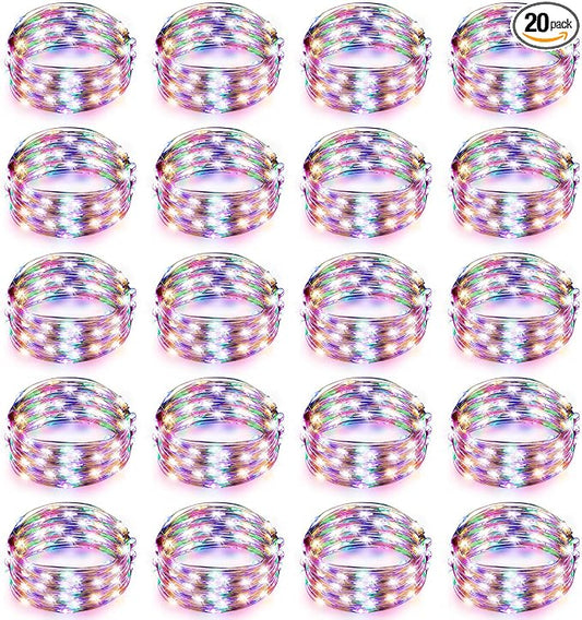 Hortsun 20 Packs Fairy Lights Battery Operated 3 Speed Modes, 7 Ft/ 2 M 20 LED Battery String Mini Waterproof Wire Twinkle Lights Bulk for Wedding Party Birthday Vases Decor (Multicolor Light)