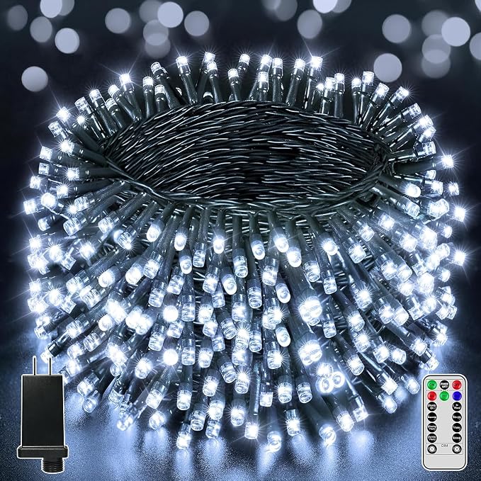 BrightChristmas 1000 LED 328 FT Outdoor String Lights with Remote and Timer, Dimmable with 8 Modes, Waterproof, Cool White Fairy Lights for Christmas Tree & Holiday Decor