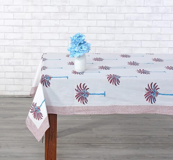 Ridhi Red Palm Hand Block Print Cotton Rectangle Tablecloth 120" x 80" inches Reusable Table Cover Decorative Everyday Use for Dining Room, Farmhouse, Home Gift for Spring, Mother's Day