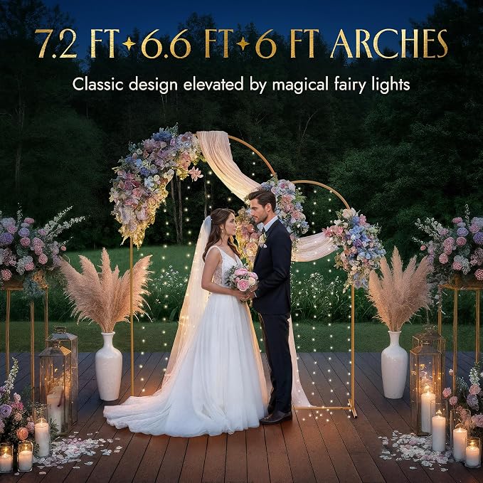 Gold Metal Arch Backdrop Stand for Wedding & Birthday Party Decorations, Foldable Balloon Arch Frame with Easy Assembly, Photo Booth Backdrop Décor with Fairy Lights Options