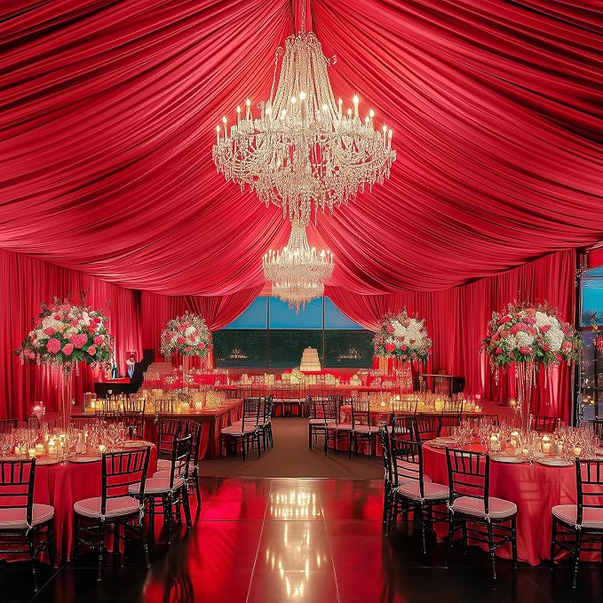 10 Panels 5x20ft Red Ceiling Drapes for Wedding Parties, Wrinkle Free Thick Polyester 20ft Extra Long Wedding Draping Red Ceiling Curtains Arch Drapery