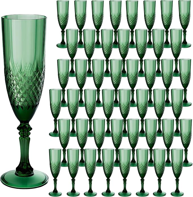 Plastic Champagne Flutes, Champagne Glasses Bulk, Reusable Unbreakable Acrylic Wine Glasses Goblets for Weddings Bachelor Parties Toasting Bridal Shower (48, Dark Green)