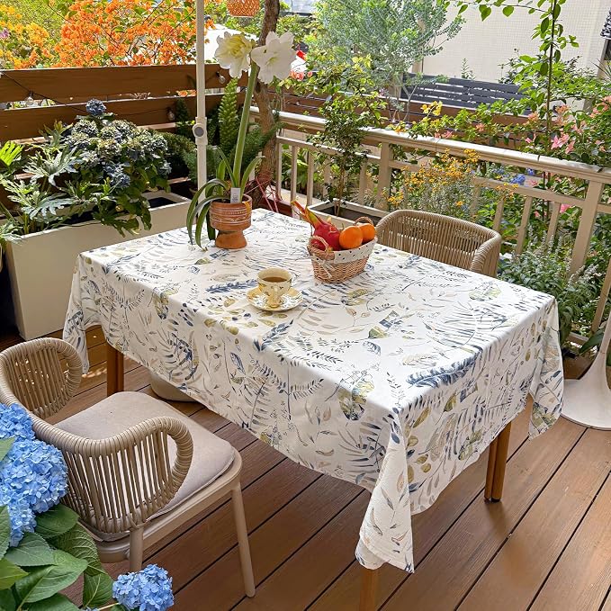 Rectangular Table Cloth 60x120 Inches, Cotton Linen Waterproof Fabric Tablecloth, Blue Green Leaf Print Decorative Table Cloth for Outdoor, Dining, Wedding, Party, Kitchen