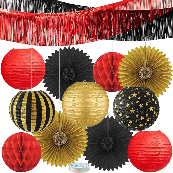 Red, Black & Gold Party Decorations for Birthday, Retirement, Graduation, Casino Night, Red Carpet, Hollywood Theme - Hanging Paper Lanterns, Fans & Streamers Set